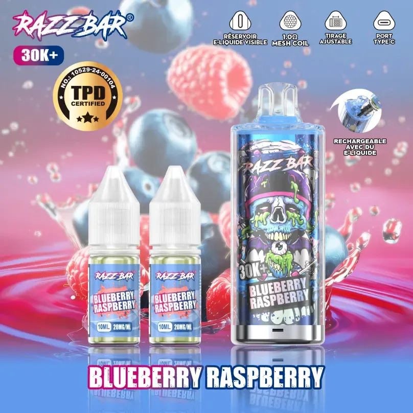 Razz Bar 30K+ 30000 Puffs TPD Certified 20ML+2ML Refillable Razz Bar 30K+ 30000 Puffs TPD Certified 20ML+2ML Refillable
